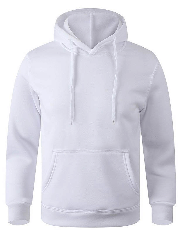 Unisex white fleece hoodie with hooded collar, long sleeves, and front pocket, perfect for sports and casual wear.